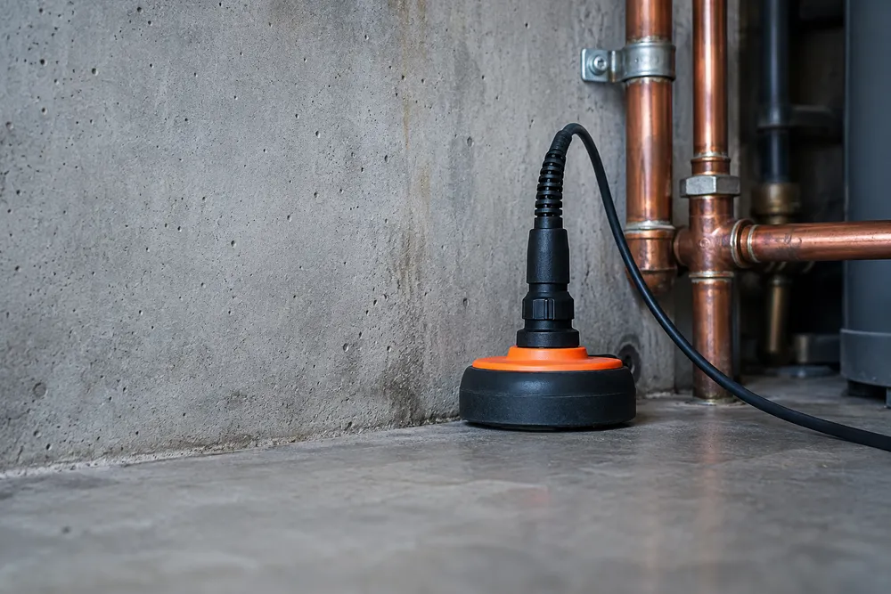 Illustrative acoustic detection equipment beside copper plumbing on concrete